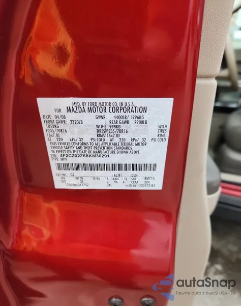 2008 Mazda Tribute I z USA, uszkodzony, nr VIN 4F2CZ02Z68KM30291